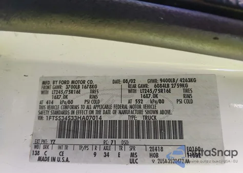 2003 Ford E-350 Super Duty Commercial/Recreational z USA, uszkodzony, nr VIN 1FTSS34S33HA07014